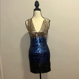 Alice + Olivia Silver and Blue Sequin Mini Dress